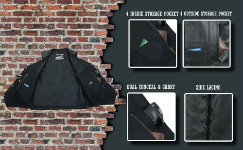 Vista 5 de EVENT LEATHER EL1310GO Hombres Clásico Estilo Occidental Botón de Presión Negro Chaleco de Cuero para Motociclistas