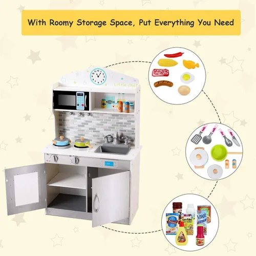 Vista 3 de ARLIME Juego de cocina para niños, cocina de juguete de madera con fregadero extraíble, microondas, utensilios de cocina, armario de almacenamiento