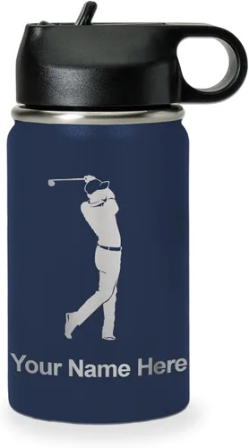 Vista 17 de LaserGram Botella de agua personalizada, golfista de golf, acero inoxidable de doble pared aislada al vacío con popote superior, regalo grabado Negro