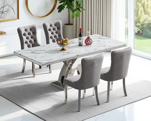 Vista 24 de Juego de 4 mesas de comedor blancas y doradas, mesa de cocina rectangular de 68 pulgadas con parte superior de mármol sintético blanco, mesa de Mesa