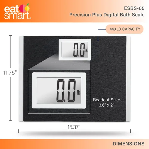 Vista 2 de Báscula Eat Smart Precision Plus para peso corporal, plataforma ancha para mayor comodidad. Capacidad extra pesada de 440 libras