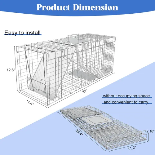 Vista 4 de Trampa para animales vivos, jaula plegable resistente para gatos, ardillas, zorrillos, mapaches, zorros, zorros, captura y liberación de zorros
