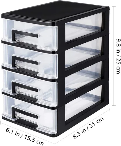 Vista 3 de Organizador de almacenamiento de escritorio de 4 cajones, contenedores de plástico, organizador de aparador para el hogar (negro y transparente)
