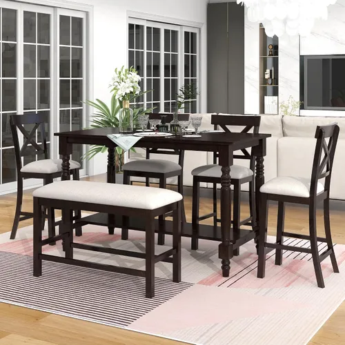 Vista 14 de LUMISOL Farmhouse - Juego de mesa de comedor de 6 piezas con banco, marrón + blanco lavado