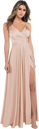 Vista 5 de HSFIYAKJ V-Neck Bridesmaid Dresses Long Spaghetti Satin Slit Prom Formal Evening Party Dresses with Pockets
