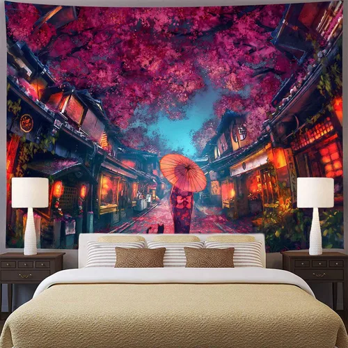 Vista 2 de Aidatain Tapiz de anime japonés antiguo japonés de paisaje de calle nocturna, tapiz de farol de flor de cerezo, tapiz grande de 80 x 60 pulgadas