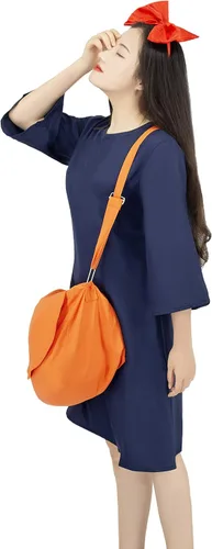 Vista 2 de Anime Cosplay Disfraz para Bruja Kikis Vestido con Bolsa Manga Media Ropa de Mujer Azul Oscuro S-L