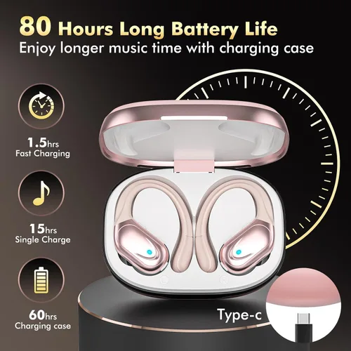 Vista 2 de Auriculares inalámbricos Bluetooth 80 horas de reproducción de auriculares con pantalla de potencia con micrófono con cancelación de ruido
