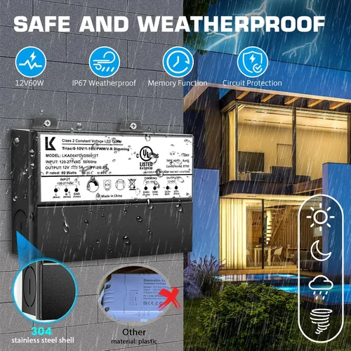 Vista 5 de Controlador LED regulable de 12 V 60 W, Triac/ELV/MLV/0-10V/1-10V/PWM/V-R, fuente de alimentación de CA a CC, transformador LED impermeable IP67