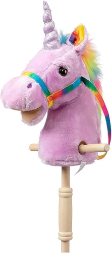 Vista 11 de HollyHOME Caballo de unicornio con lentejuelas, caballo de juguete artesanal con palo y ruedas de madera, sonidos reales de relincho y galope de Azul