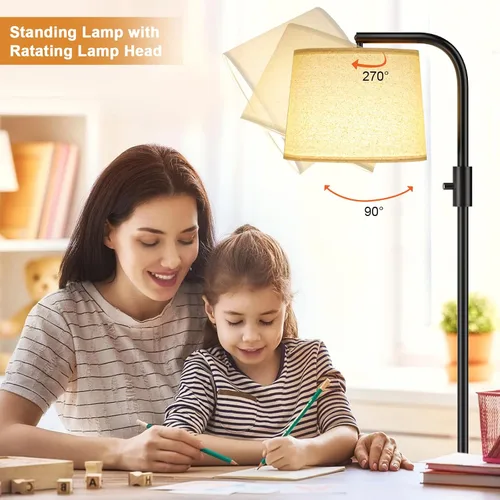 Vista 3 de Ambimall - Lámpara de pie de arco para sala de estar con interruptor giratorio, pantalla de lino Regulable, cabeza ajustable, bombilla LED de 9 W