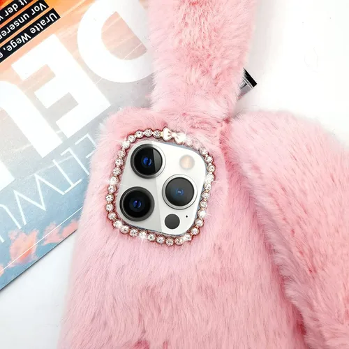 Vista 3 de Compatible con iPhone 13 Pro Max - Funda de conejo para niñas, de piel de lujo, cálida, hecha a mano, peluda, mullida, suave, 3D, oreja, pelo