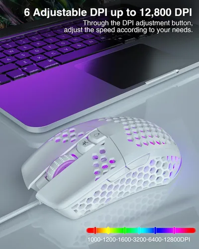 Vista 3 de SM900 - Mouse para juegos con cable blanco con carcasa de panal, 12800 DPI, 7 botones programables, mouse ergonómico ligero