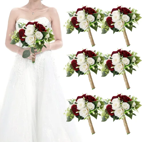 Vista 13 de Ramos para dama de honor para boda - Ramo de flores artificiales de 7 pulgadas para fiesta, ceremonia, aniversario, centros de mesa para mesa de Azul