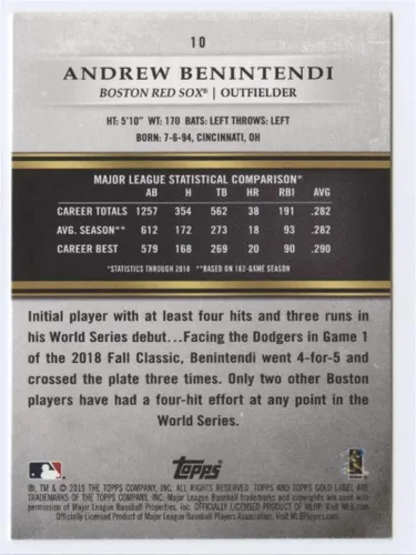 Vista 2 de 2019 Topps Gold Label Class One #10 Andrew Benintendi NM-MT Boston Red Sox Baseball Trading Card