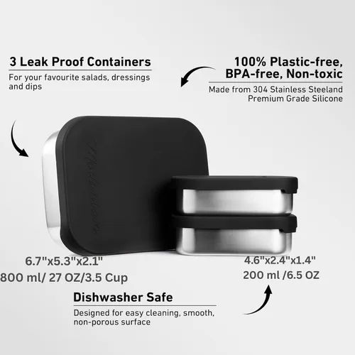 Vista 4 de Lonchera de acero inoxidable a prueba de fugas de 27 onzas, contenedores de almuerzo de acero inoxidable, caja Bento, recipientes de metal para Negro