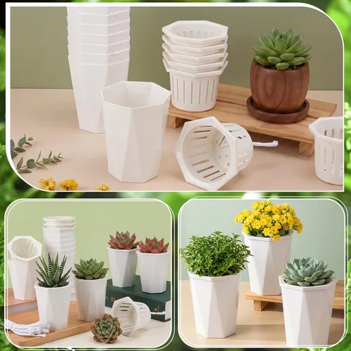 Vista 5 de 24 macetas de riego automático de 4 pulgadas para plantas de Macetas de agua de plástico blanco, maceta pequeña a granel con copa interior, mecha