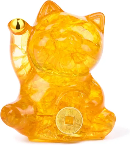 Vista 8 de Figura de gato de la suerte de cristal amarillo tallada a mano Maneki Neko Dinero Gatos Estatua Feng Shui Decoración para el hogar Oficina Atrae