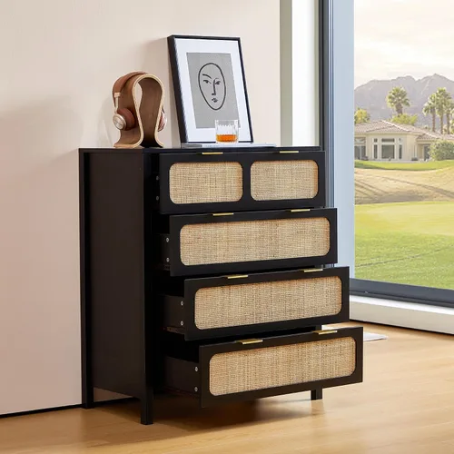 Vista 3 de Cómoda de 4 cajones, moderna cómoda de ratán con cajones anchos y asas de metal, cómoda de almacenamiento de madera de granja para dormitorio, sala