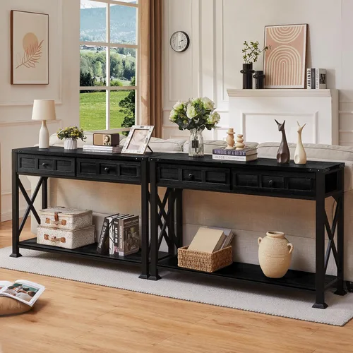 Vista 4 de HOMBAZAAR - Mesa de entrada rústica con 2 cajones, mesa de consola industrial con almacenamiento para entrada, pasillo, sala de estar, color negro