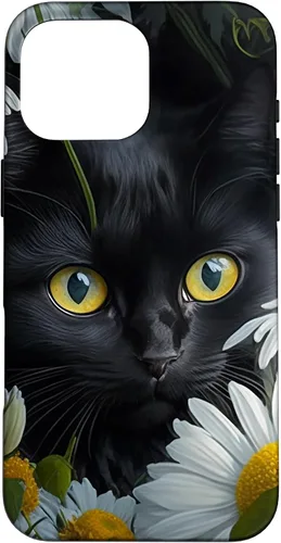 Vista 19 de iPhone 16 Black Cat with Daisies – Enchanting Floral Design Case