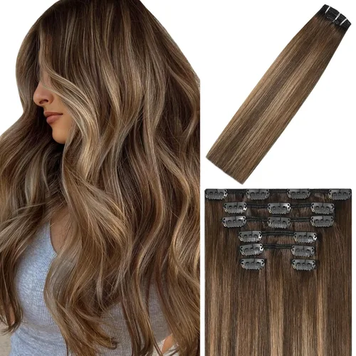 Vista 49 de WindTouch Extensiones de cabello humano real con pinzas, balayage, color rubio ceniza a rubio platino, con reflejos gruesos para cabeza completa, 14