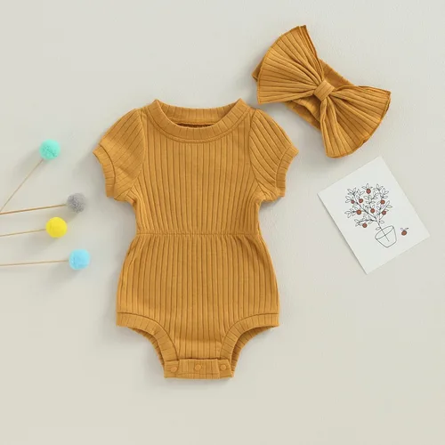 Vista 9 de Traje de verano para niña pequeña, de manga corta, acanalado, overol liso, pantalones cortos, ropa para recién nacidos