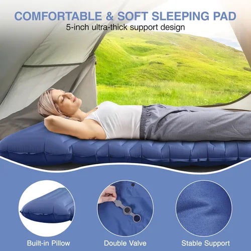 Vista 3 de Colchoneta de dormir para camping, alfombrilla de campamento extra gruesa de 5" con almohada y bomba de pie integrada, colchoneta inflable