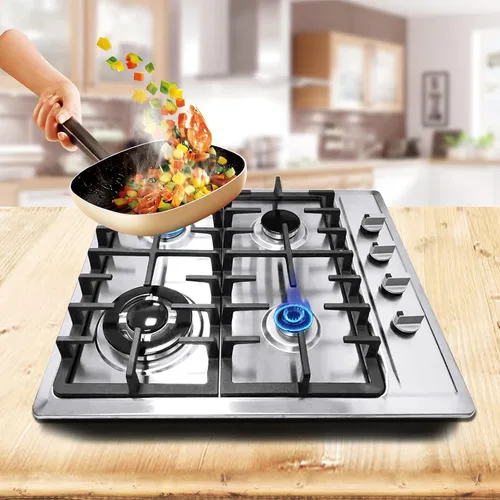 Vista 2 de Estufa de gas de 4 quemadores, estufa de gas de 23 pulgadas, de acero inoxidable, cocina de gas incorporada, cocina de gas natural plateada