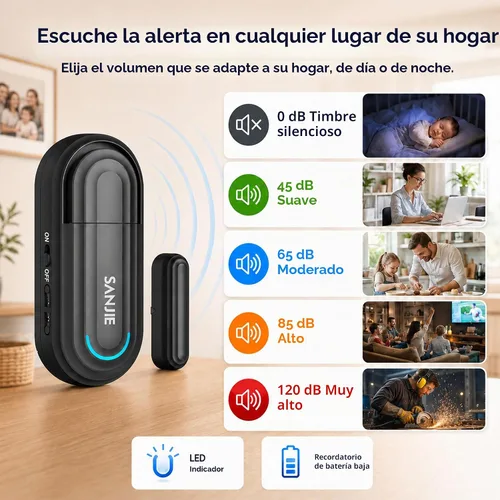 Vista 7 de Alarmas para puerta de piscina para seguridad del hogar, volumen de 0 a 120 dB ajustable con 4 modos, alarma de puerta inalámbrica con control Negro