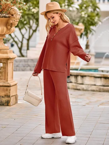 Vista 2 de MEROKEETY Conjunto de 2 piezas para mujer, de manga larga, con botones, suéter y pantalones, conjuntos de descanso