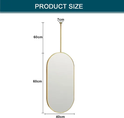 Vista 2 de Espejos de baño para tocador, espejo dorado montado en el techo con marco de metal y barra para colgar en el techo, espejo de pared decorativo
