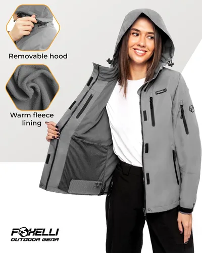 Vista 3 de Foxelli Chaqueta de senderismo impermeable para mujer, abrigo cálido con forro polar resistente al viento, chaqueta de lluvia con capucha