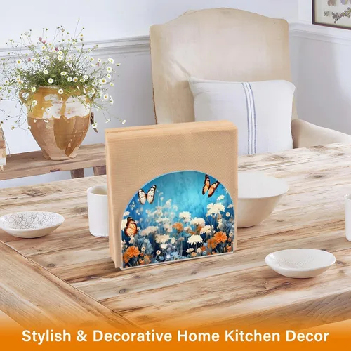 Vista 5 de Servilleteros de flores moradas con mariposas para mesas, servilleteros de acrílico transparente, servilleteros de cóctel para cocina, restaurante