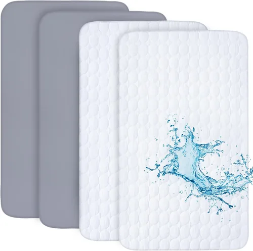 Vista 14 de Pack and Play - Juego de sábanas y protectores de colchón, paquete de 4, color gris 4-Piece Set: 2 Waterproof Quilted Covers + 2 Soft Sheets, Fits