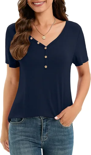 Vista 5 de NILOUFO Camisas casuales de verano para mujer, manga corta, cuello en V, blusas lindas
