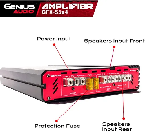 Vista 4 de Genius Audio GFX-55X4 Amplificador de coche de rango completo multicanal 1200 vatios Clase máxima AB de 2 ohmios estable con sistema de protección