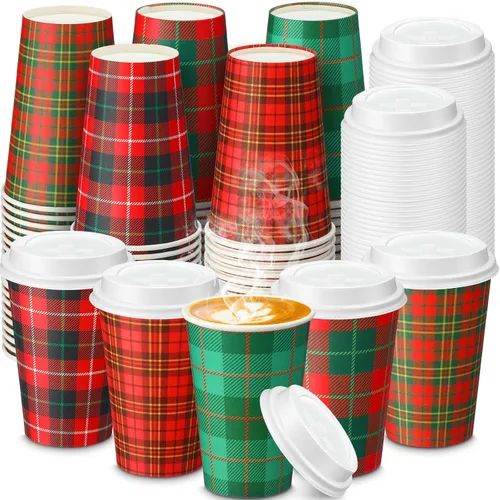 Vista 8 de Hushee 100 Piezas Vasos de Papel a Cuadros Navideños de 8 onzas, Vasos de Café Desechables con Tapas, Vasos Navideños, Suministros de Cafetería