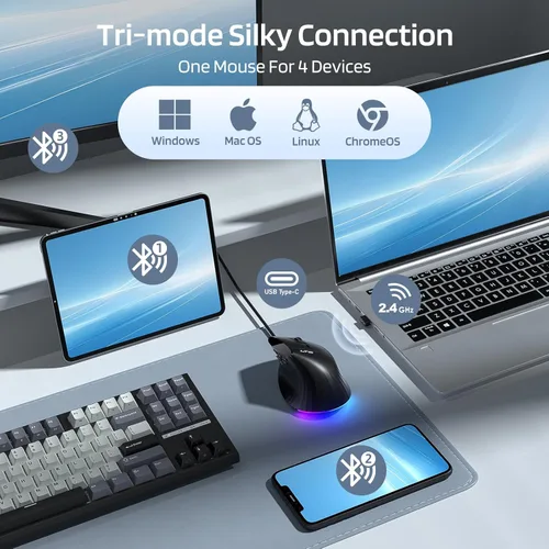 Vista 2 de LTC GM051 Ratón ergonómico vertical inalámbrico – 8K DPI óptico, 9 botones programables (5 lados), recargable 850mAh, Bluetooth