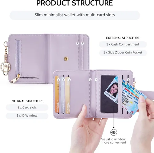 Vista 5 de POIUGOYA Billetera delgada para mujer, con bloqueo RFID, plegable, tarjetero con cremallera y bolsillo para monedas, ventana para identificación