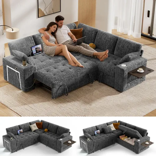 Vista 16 de Vipbear Sofá cama modular de 111 pulgadas con cama extraíble, sofá en forma de L de felpilla de 7 asientos con diván de almacenamiento, puertos USB