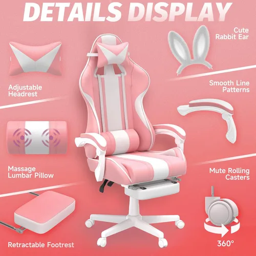 Vista 5 de Ferghana Kawaii Bunny Ears - Silla de juegos con reposapiés y masaje, silla ergonómica de cuero para juegos de computadora para niñas, adultos, Rosa