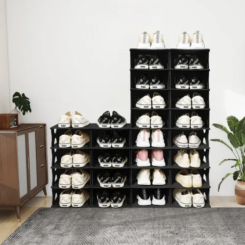 Vista 2 de Zapatero grueso de 6 niveles, organizador de almacenamiento apilable para entrada de dormitorio, estante ajustable, estante con ranuras para Negro