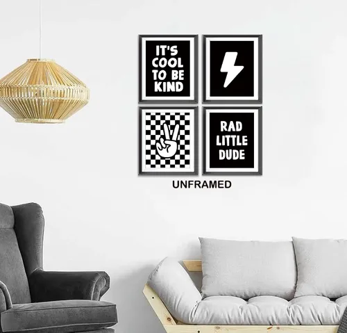 Vista 2 de Cartel de mano retro a cuadros negros y blancos preppy relámpago de la paz para decoración de habitación de niños, decoración divertida de Rad