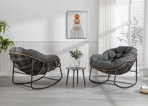 Vista 9 de Juego de 2 mecedoras para exteriores, silla mecedora de huevos de mimbre de gran tamaño, para interiores y exteriores, cómoda silla mecedora con Gris