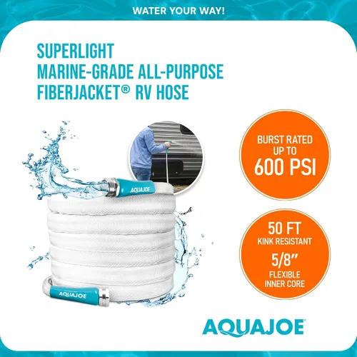Vista 4 de Aqua Joe AJFJH50-58-RV - Manguera de agua para autocaravana con chaqueta flexible de fibra de grado marino, 50 pies, herramienta de riego