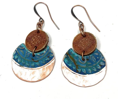 Vista 4 de Boho Leather Stamped Scroll & Turquoise Rust Hammered Copper Earrings