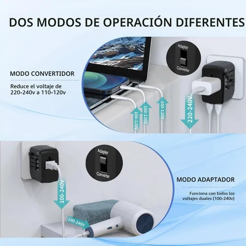 Vista 3 de Convertidor de viaje convertidor de voltaje convertidor de voltaje que reduce 220 voltios a 110 voltios para su uso en más de 200 países, incluidos