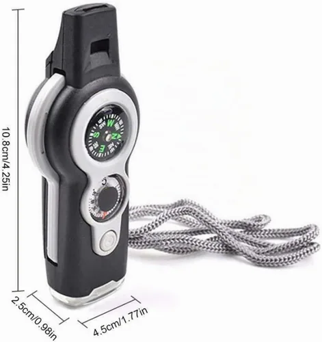 Vista 5 de Brújula multifunción 7 en 1, termómetro de seguridad de supervivencia al aire libre, brújula, espejo LED, lupa, multiherramienta para camping
