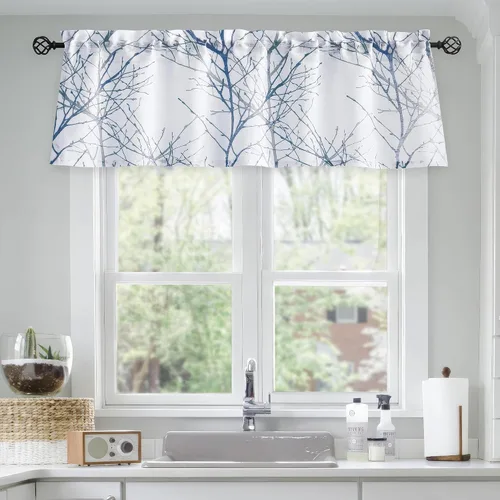 Vista 10 de FMFUNCTEX Cortinas de cenefa de ventana con estampado de ramas de árbol negro, cenefa corta semitransparente blanca para cocina, baño, bolsillo